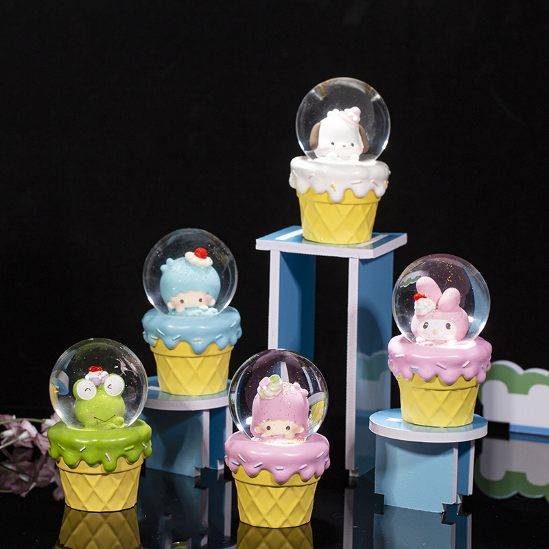 卡通happy乐园带灯水晶球盲盒透明玻璃球办公桌面摆件儿童节礼物