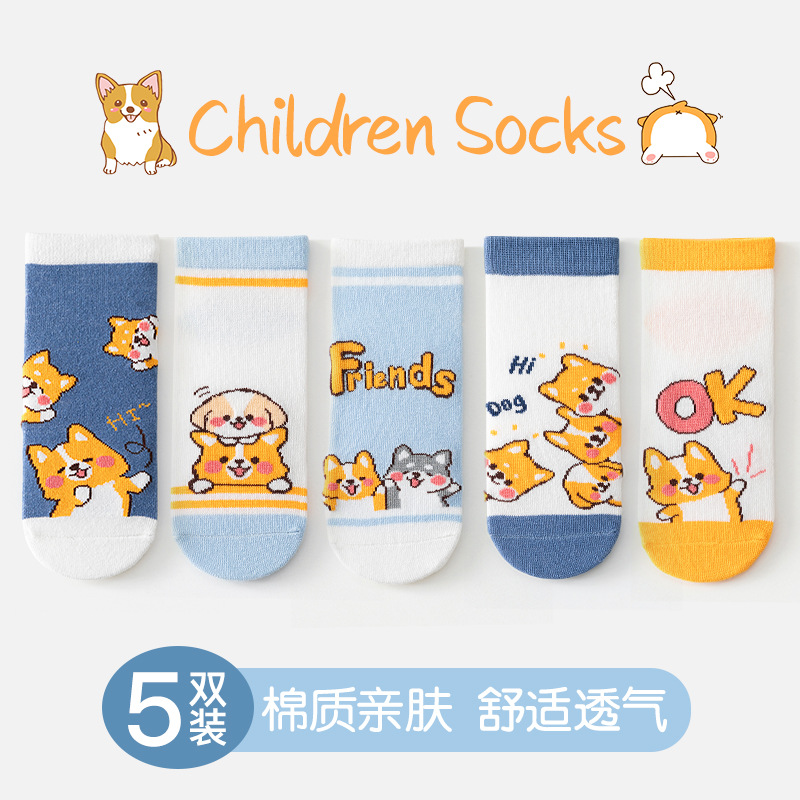 Boys' Socks 24 Spring New Cartoon Corgi Dog Baby Boy Short Socks All-Match and Fresh Students' Socks 1-12 Years Old