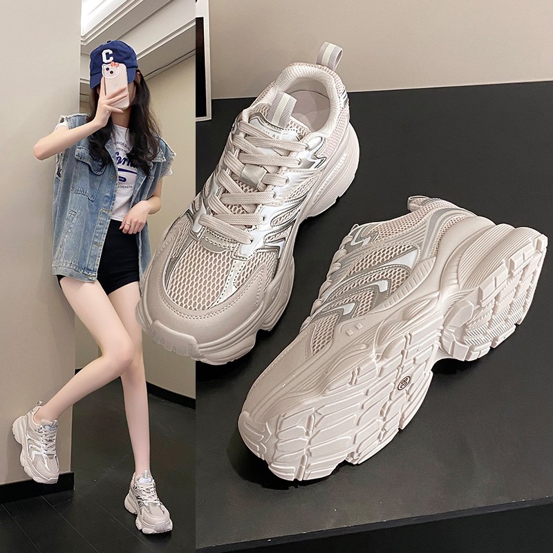 鱼骨老爹鞋女网面透气户外旅游轻便厚底增高显脚小百搭休闲鞋