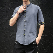 夏季中国风男装棉麻短袖衬衫中式立领盘扣拼色唐装汉服半袖衬衣男