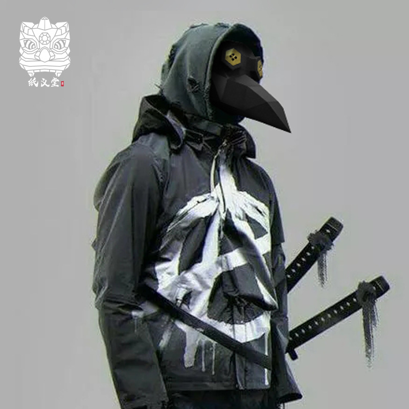 万圣节鸟嘴面具瘟疫医生恐怖黑色赛博朋克头套半脸男乌鸦假面舞会