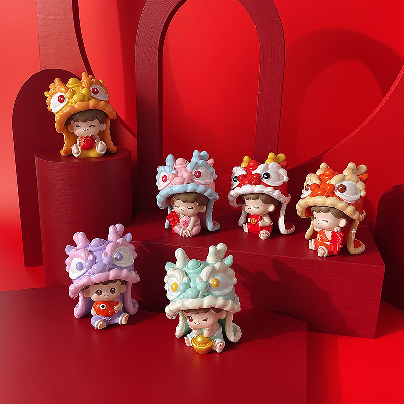 Dragon Year Fashion Lion Dance Doll Hand-Made Home Desktop Decoration Resin Decorations New Year Gift Jilong Spring Blind Box