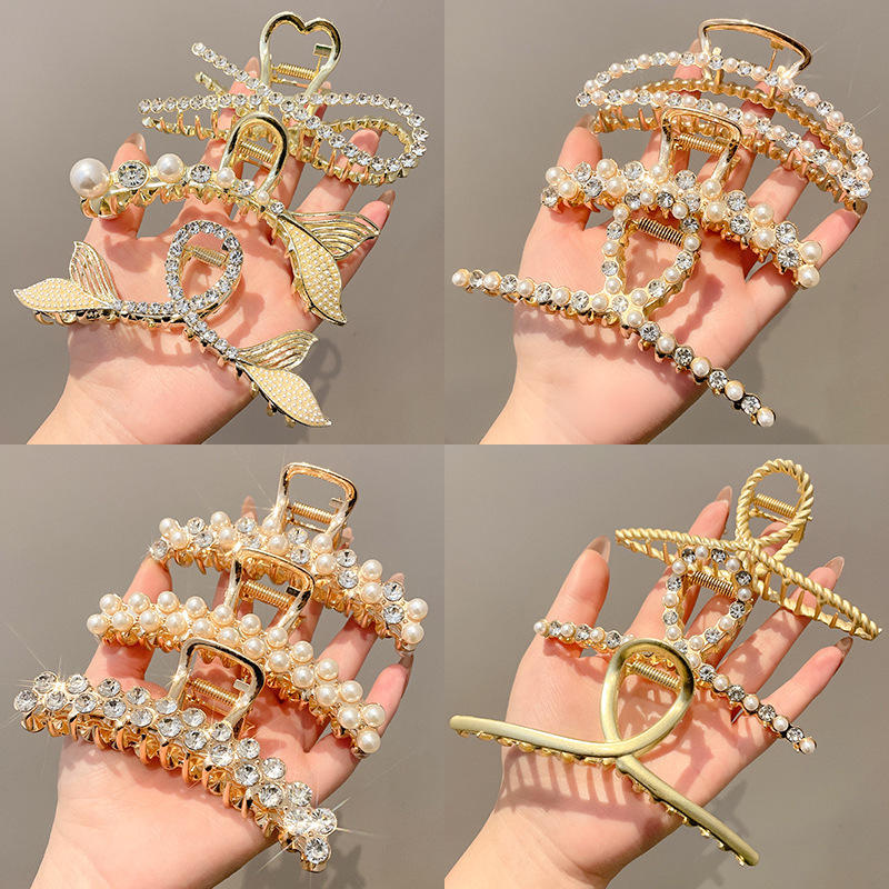 大号女生水钻发卡 发夹女抓夹头发鲨鱼夹 粘钻几何型鱼尾款长发夹