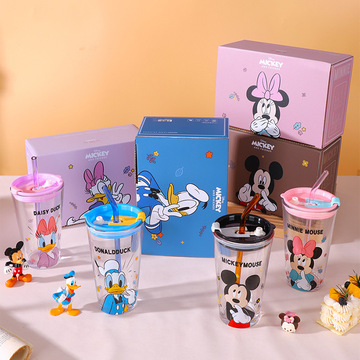 迪士尼吸管玻璃杯高颜值水杯大容量网红杯子小礼品批发可爱牛奶杯