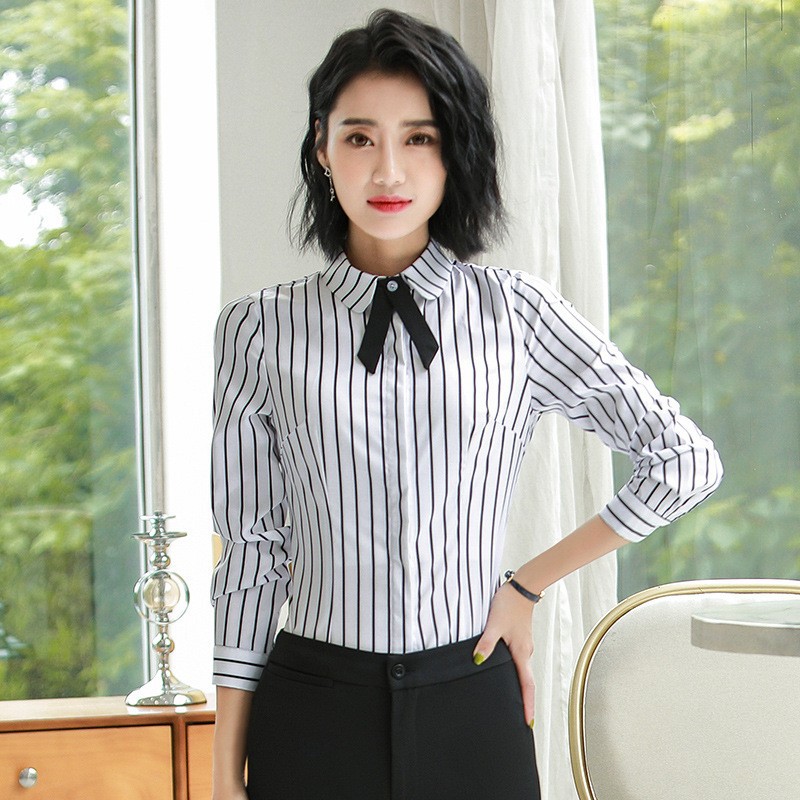 女士雪纺衫丝巾领暗扣设计防走光衬衫职业工装团体服空姐酒店白领