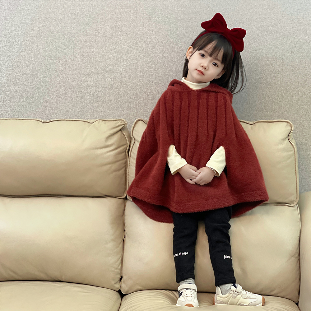 韩版秋冬季新款女童宝宝仿貂绒红色毛线斗篷儿童新年装披风洋气