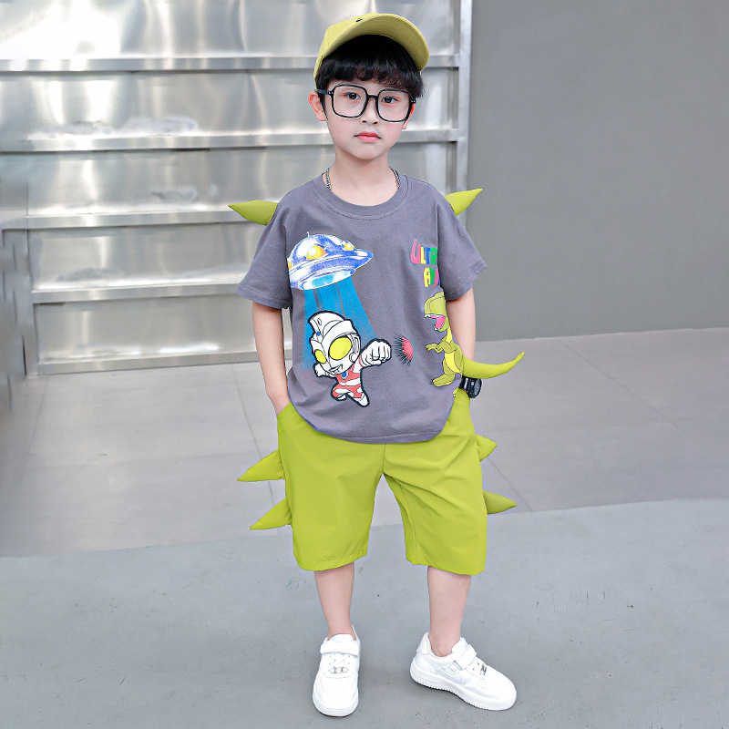 Children's Clothing 2023 Summer New Boys' Short-Sleeved Suit Casual Summer Children Ultraman Horn Dinosaur Suit Fashion