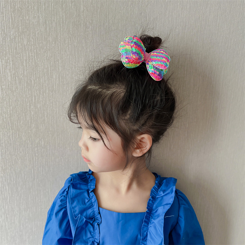 Children's Barrettes Korean-Style Double-Layer Bow Sequined Girls Performance Side Clip Girls Bun Cute Sweet Hair Pin