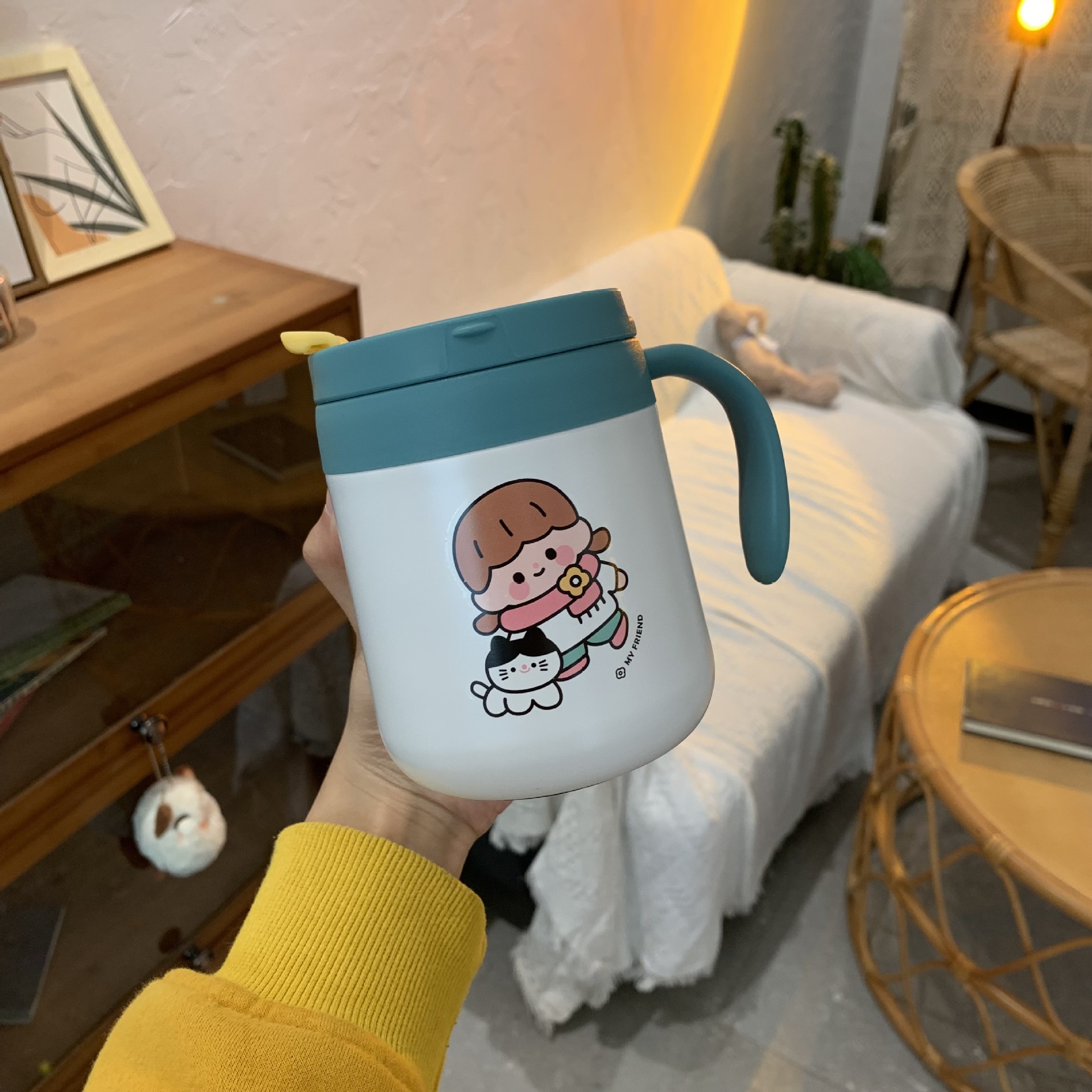 Korean Cute Cartoon Thermal Mug Household Office Coffee Cup with Handle 304 Stainless Steel Water Cup Student Leak-Proof