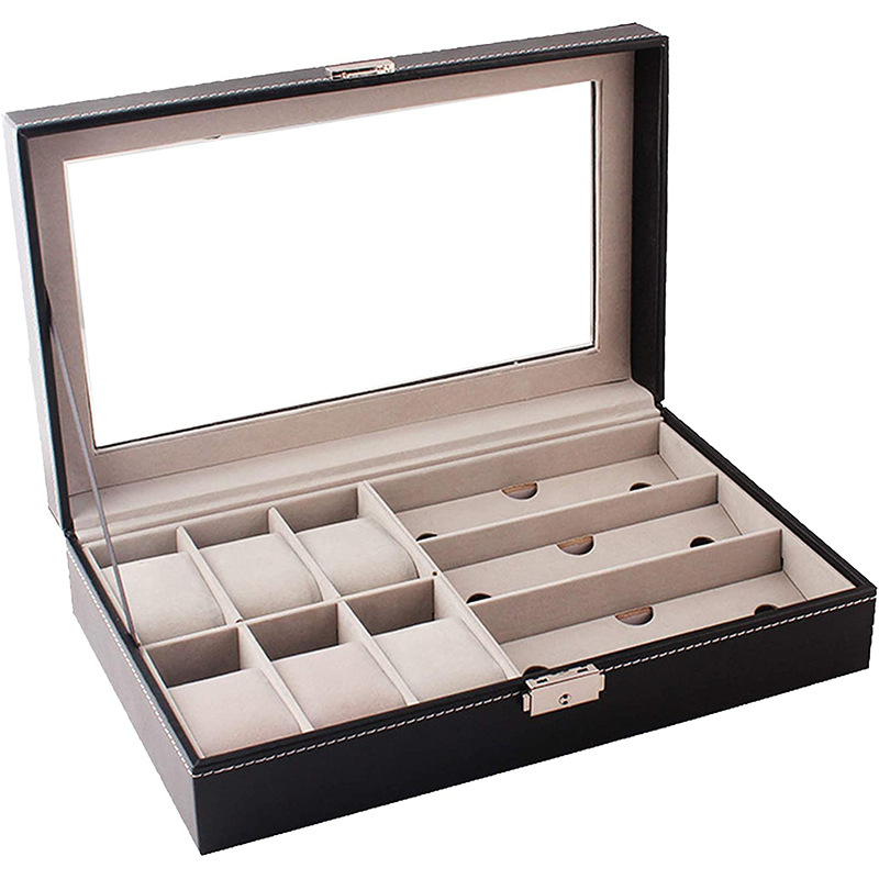 12-Bit Watch Box Wooden Pu Leather Watch Box with Lock Watch Box Display Box Storage Box