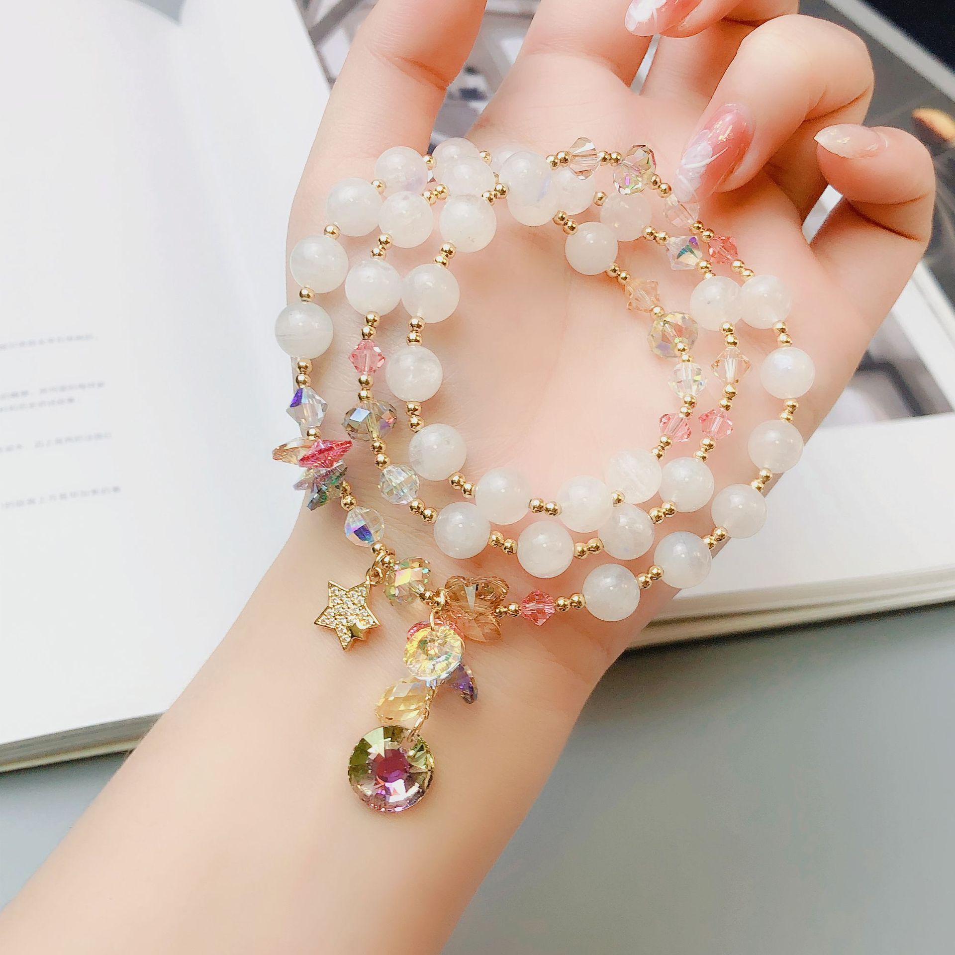 简约气质优雅白月光三圈手链奥地利水晶手串手工饰品串珠配饰首饰