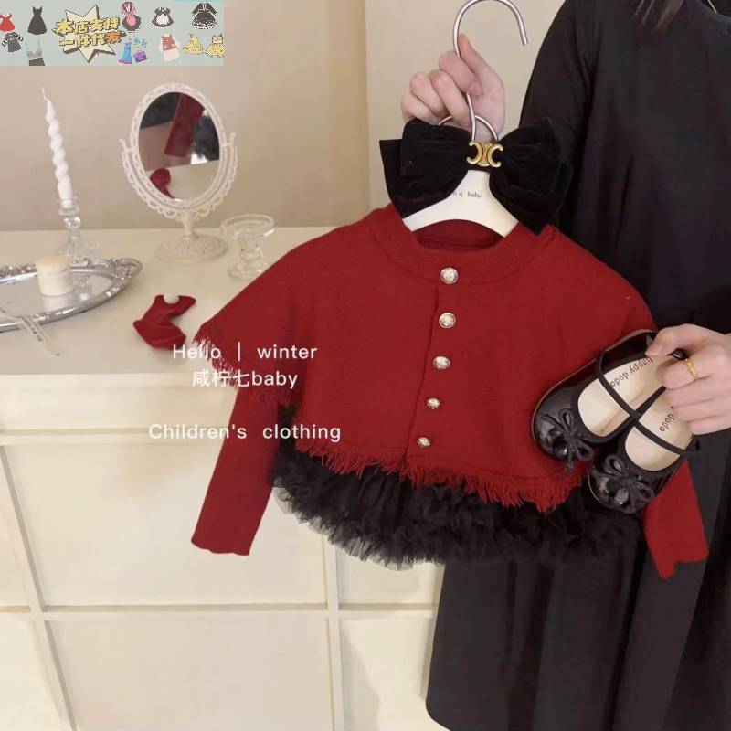 儿童新年红色气质时髦斗篷上衣女宝宝针织衫拜年服毛衣冬季拜年服