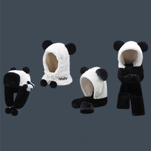 黑白熊猫护耳帽子女冬季加厚保暖连帽围脖三件套雷锋帽小熊毛绒帽