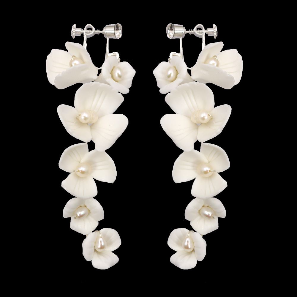 新娘花  亚马逊流行淡水珍珠结婚耳饰白色陶瓷花耳夹婚庆手工耳环