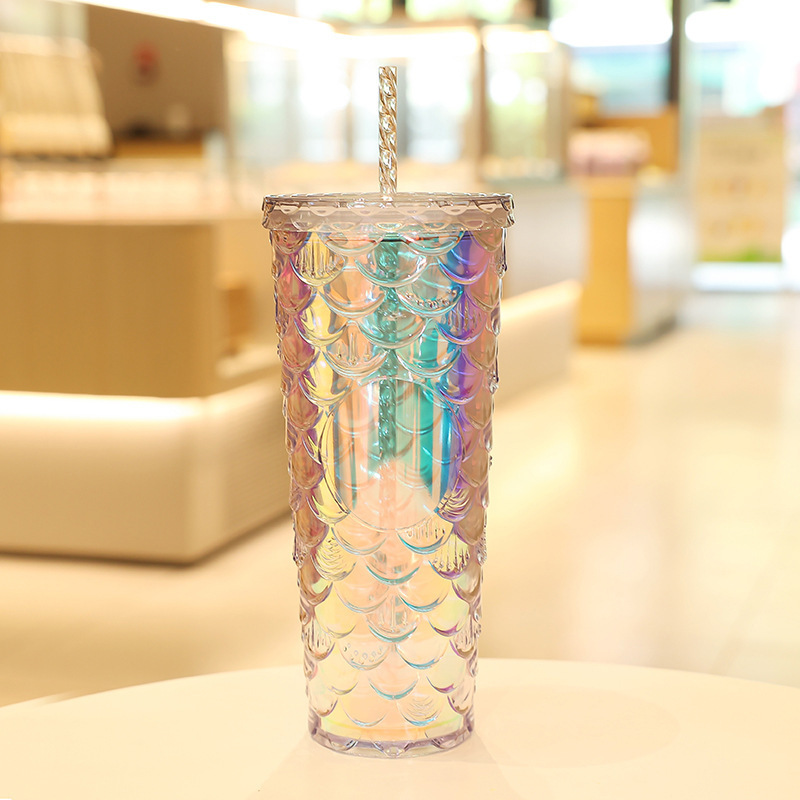 710ml Large Capacity Double Plastic Straw Cup Fashion Luminous Color Changing Rainbow Electroplating Scale Cup New Water Cup