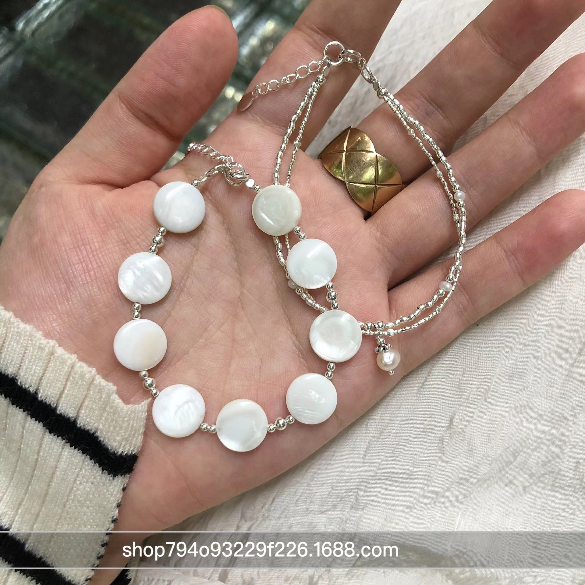 西西里 泰国泰式天然淡水珍珠925素银手链 天然白贝母纯银手链