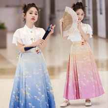 2024夏季新款女童套裙夏装中国风洋气复古小飞袖短袖马面裙两件套