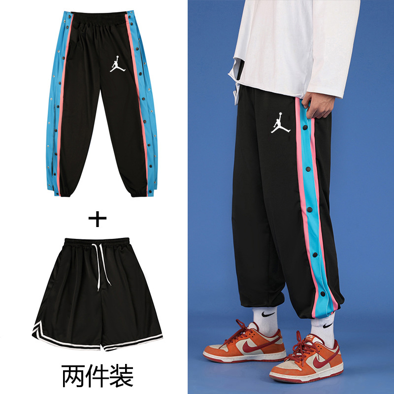 春秋美式全开扣束脚排扣裤子男加绒ins潮篮球纽扣裤运动长裤训练