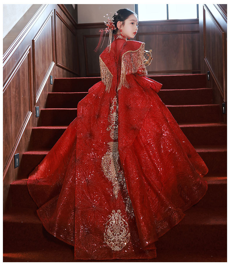 高级国风模特走秀霸气国潮女童礼服花童主持人高端钢琴演出服拖尾