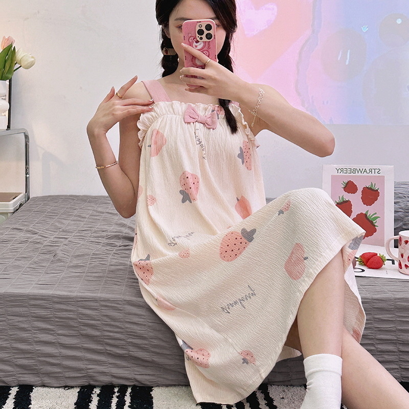 women‘s summer suspenders nightdress loose and cute midi dress plus size cotton summer home wear pajamas