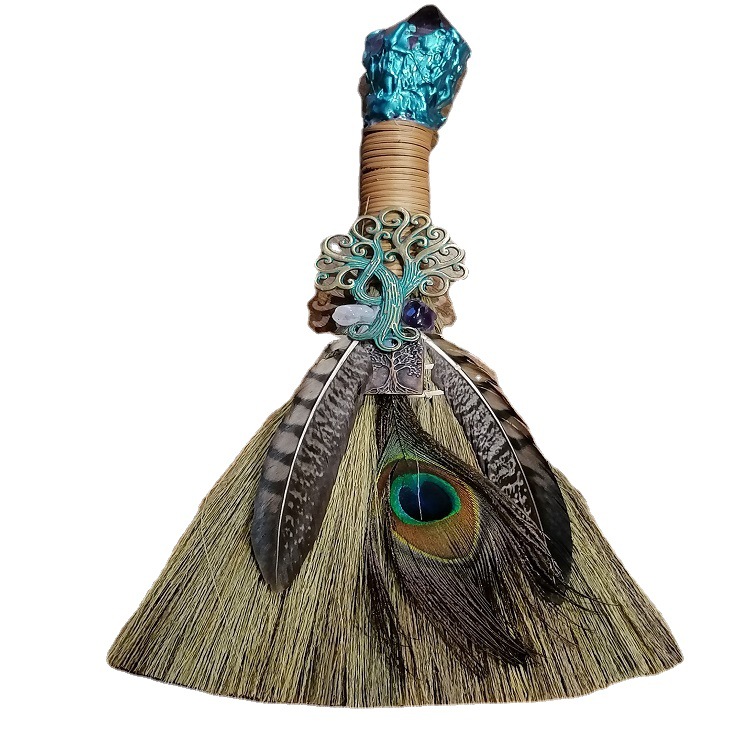 跨境现货wicca紫水晶女巫扫把 羽毛扫帚仪式祭祀用品工厂批发道具