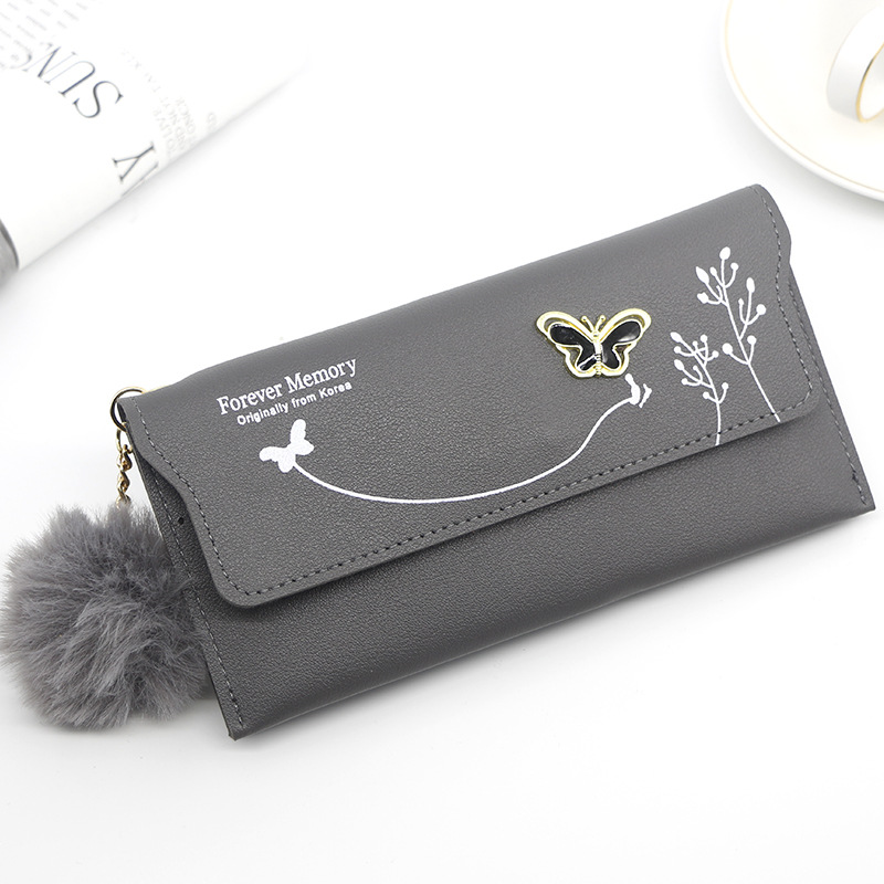 Manufacturer Direct Wholesale Women's Bag Women's Long Wallet Solid Color Fur Ball Bow Clutch Women's Long Wallet Card Holder Coin Purse