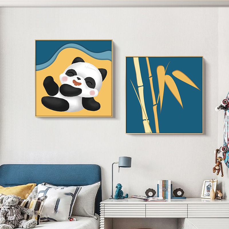 卧室儿童房背景墙装饰画卡通熊猫床头挂画简约客厅沙发墙壁画批发