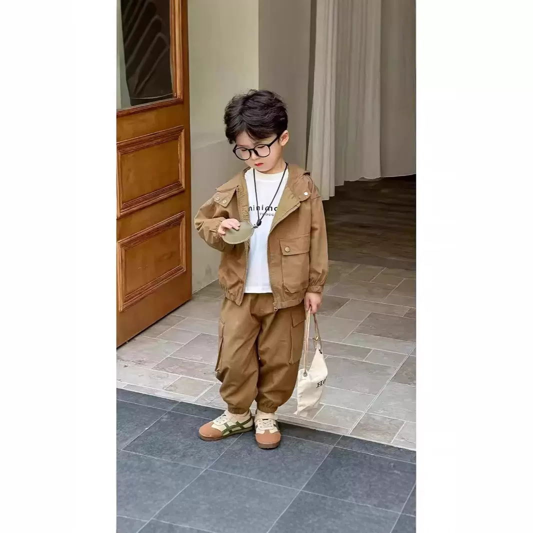 男童秋装套装25新款男小童衣服连帽洋气儿童秋季时髦工装三件套装