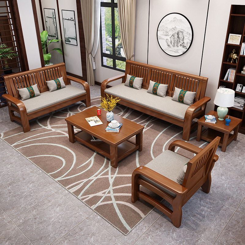 冬夏两用实木沙发组合1 2 3现代中式三人木质沙发u客厅新中式家具