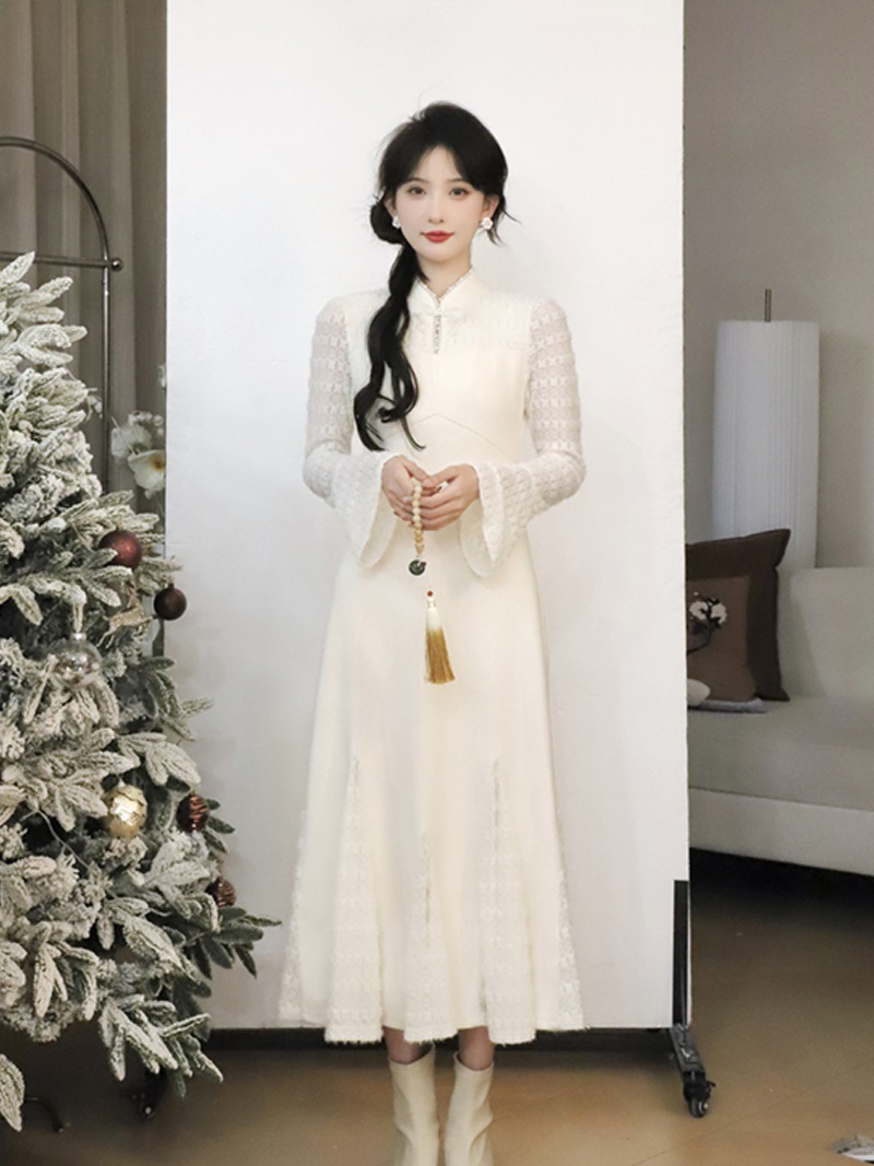 新中式国风白色针织连衣裙女秋冬大衣内搭长裙加厚打底裙改良旗袍