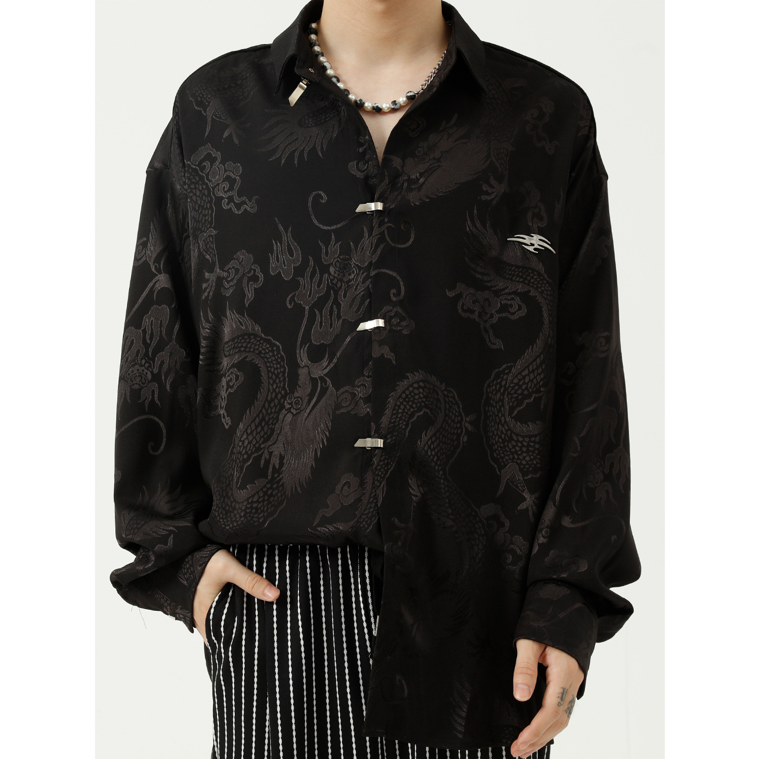 Mtlclothes Men's Clothing | Korean Style Loose-Fitting Chinese Style Dragon Pattern Shirt Loose Ruan Handsome Long Sleeve Shirt Men