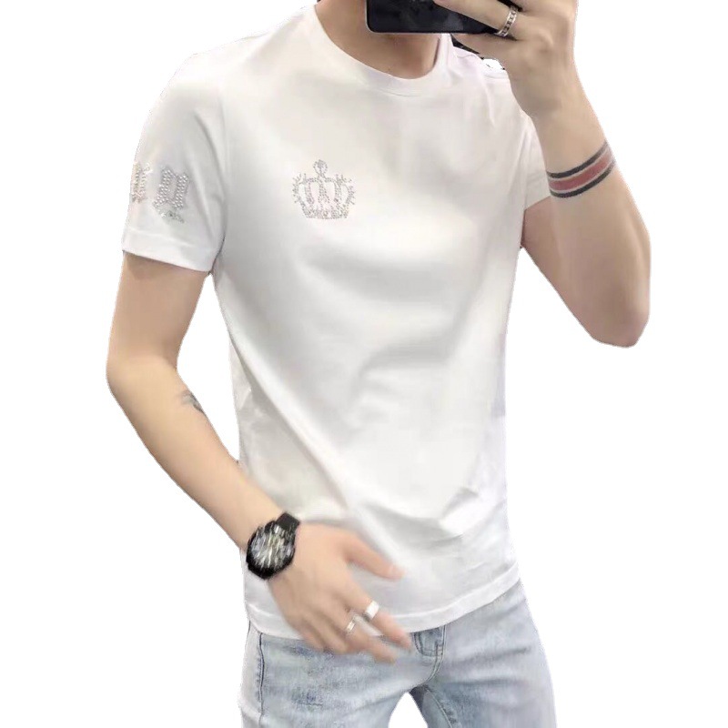 w0570欧货潮男装皇冠烫钻短袖男士t恤丝光棉半袖体恤打底衫上衣服