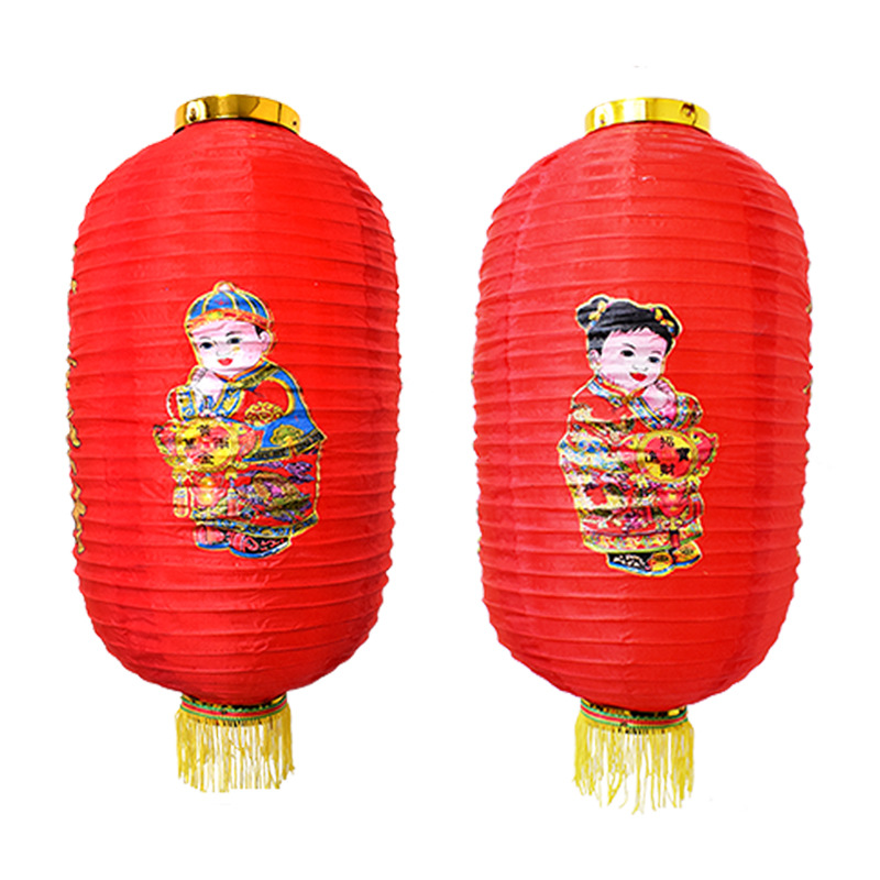 日韩式冬瓜灯笼人物金童玉女红绸布大红灯笼折叠节日装饰灯笼广告