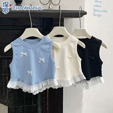 韩国童装女童夏装T恤2025新款儿童洋气时髦蝴蝶结背心无袖上衣潮