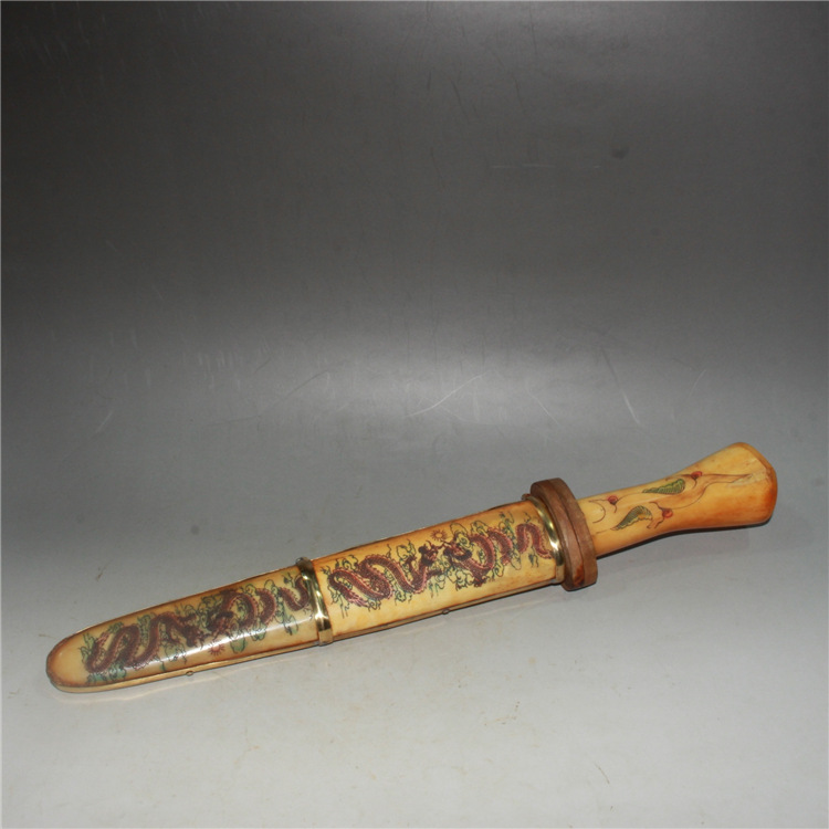 古玩杂项收藏老牛骨刀牛骨剑收藏品辟邪摆件 双龙戏珠牛骨刀把件