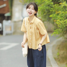 黄色格子短袖衬衫女款夏季设计感小众日系别致衬衣小个子甜美上衣