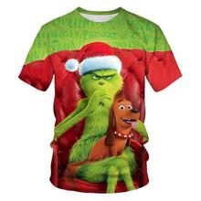 新款新年圣诞节卡通绿毛怪3D印花男士T恤短袖圣诞节儿童成人T恤