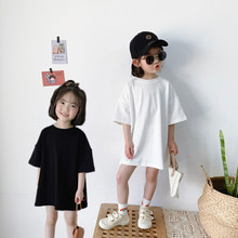 夏季女童连衣裙宝宝网红洋气儿童个性潮韩版纯色中长款短袖T恤裙