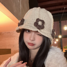 韩版小众设计感编织毛线帽子女秋冬季保暖护耳盆帽时尚花朵针织帽