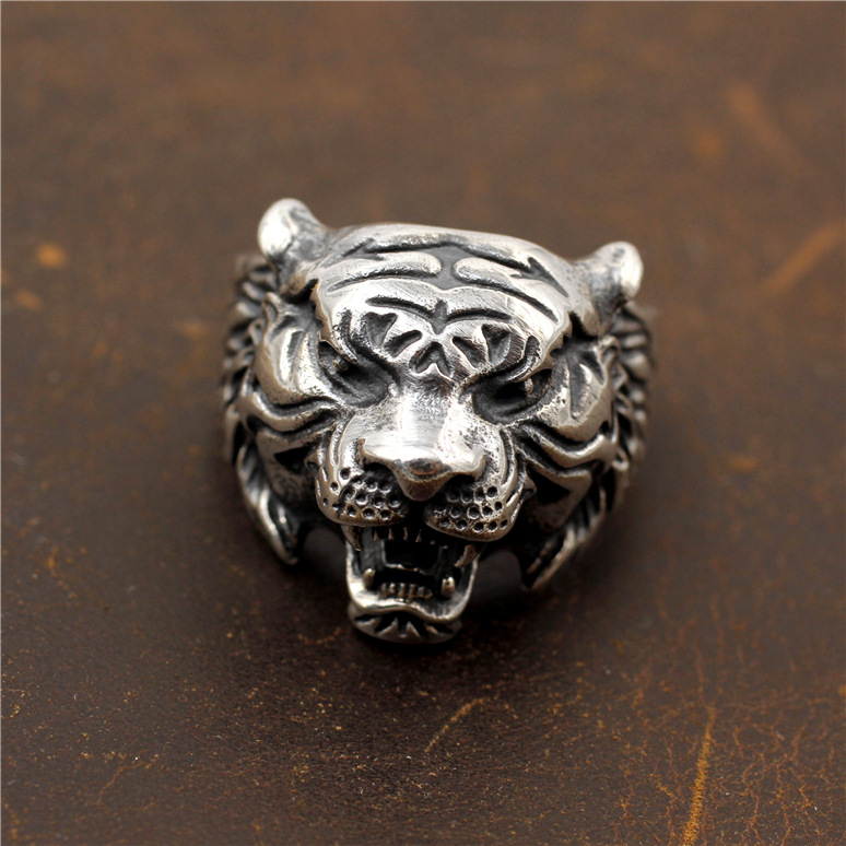 老虎头戒指手工s925纯银泰银复古做旧朋克机车霸气野兽头大食指戒