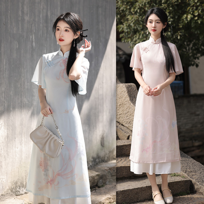 现代改良时尚年轻少女款长款飞袖旗袍2024春夏新款日常薄款连衣裙