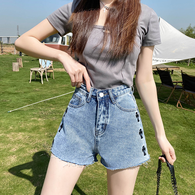 十字架刺绣牛仔短裤女ins2022夏季新款高腰宽松阔腿a字毛边热裤子