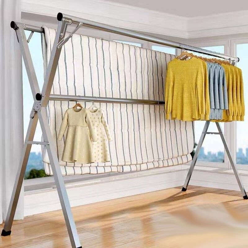 Stainless Steel Laundry Rack Floor Folding Stretchable Clothes Airing Rack Double Pole Air a Quilt Balcony Clothes Rack Clothing Rod Wholesale X