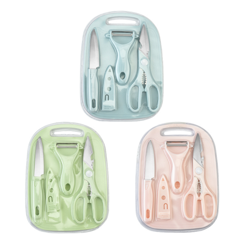 Baby Food Supplement Knife Set Stainless Steel Fruit Knife Kitchen Knife Plastic Cutting Board Combination Suitable for Children