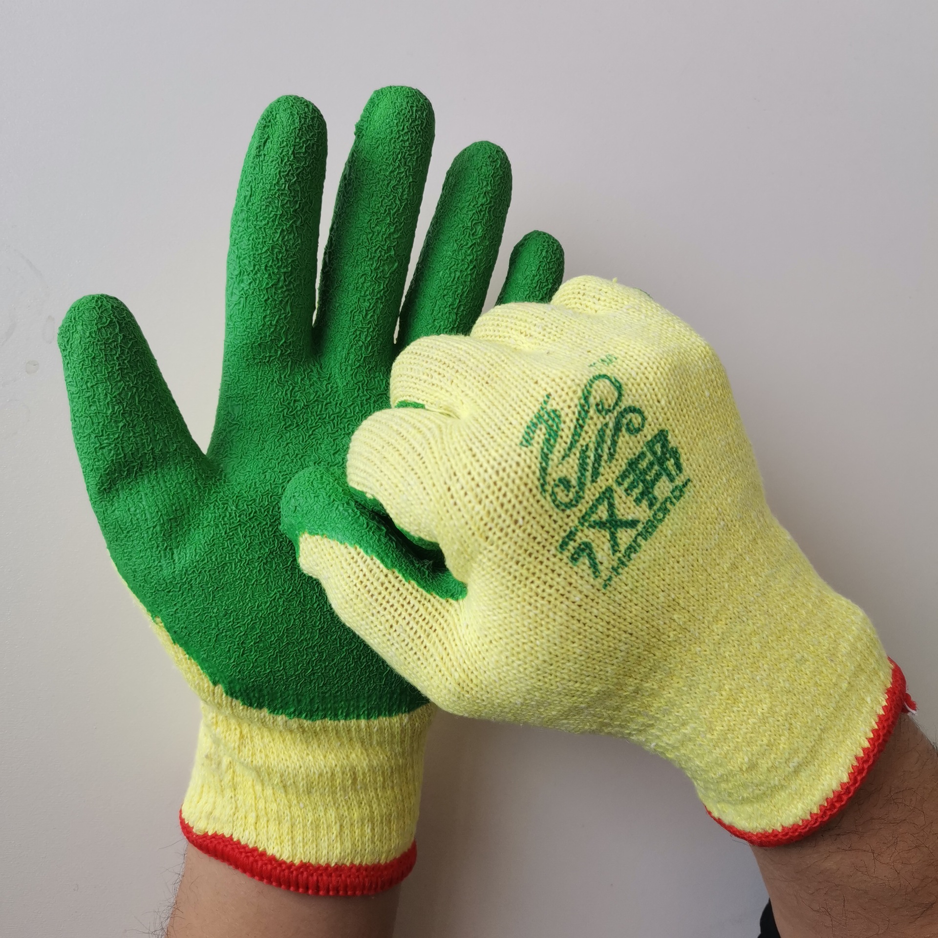 汉邦十针黄纱绿浸胶皱纹手套 防滑耐用胶皮平挂劳保手套