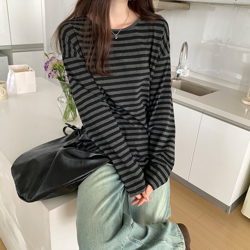 条纹长袖t恤女春秋2024新款韩版宽松休闲打底衫慵懒风中长款上衣