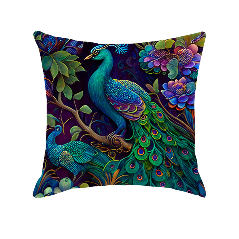 Amazon Light Luxury Oil Painting Peacock Printings Linen Pillow Cover Home Sofa and Bed Cushions Car Cushion Wholesale