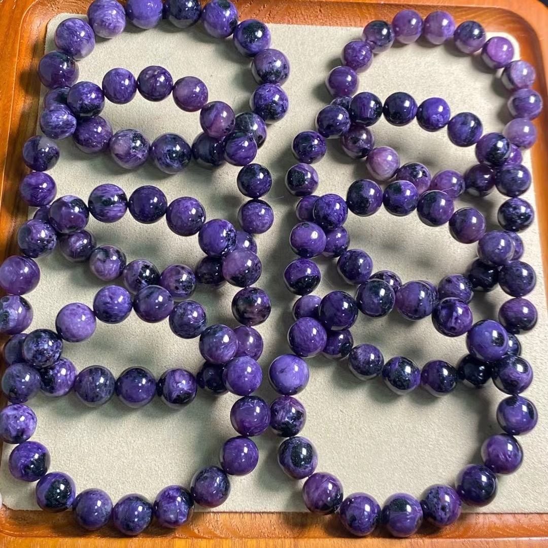 天然俄罗斯紫龙晶手链单圈圆珠 颜色深紫高度玉化 紫龙晶散珠批发