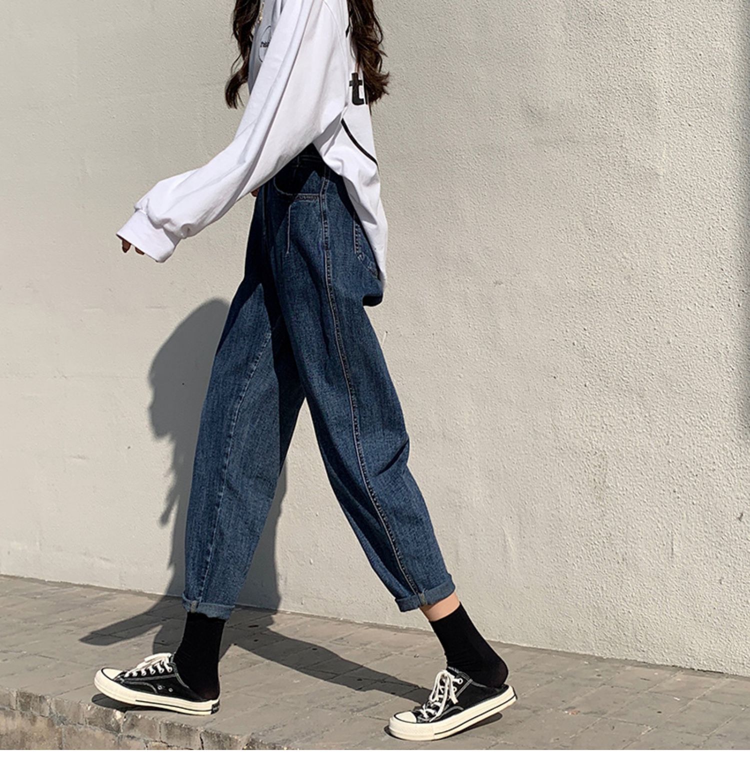 大码高腰老爹裤子2021年春秋新款韩版宽松哈伦牛仔裤显瘦萝卜裤潮