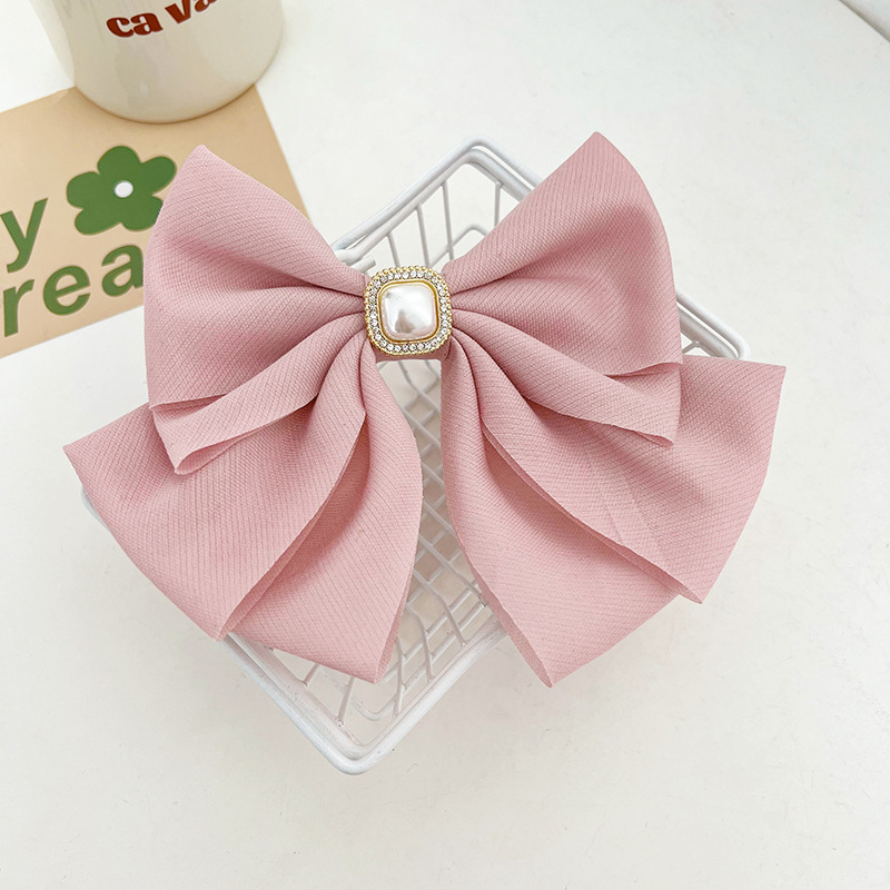 Temperament Wild Satin Fabric Big Bow Pearl Barrettes Korean Internet Celebrity Back Head Spring Clip Hairpin E290